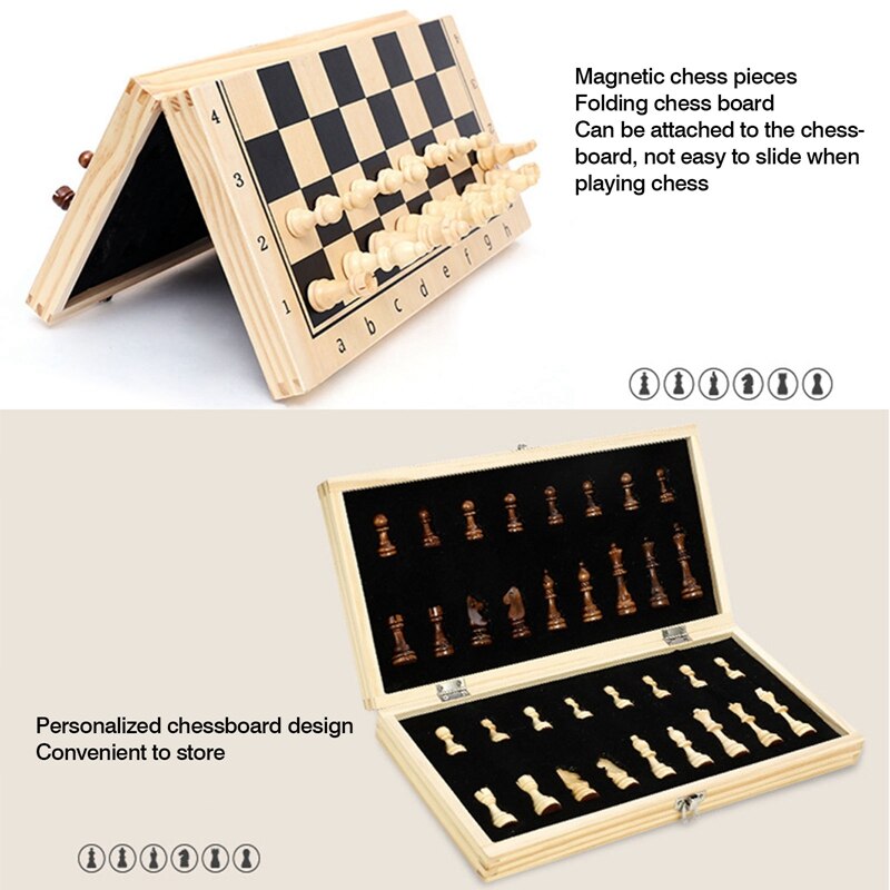 -Magnetic Wooden Chess and Checkers Set Board Games for Kids and Adults for Travel Portable Folding Beginner Chess Set