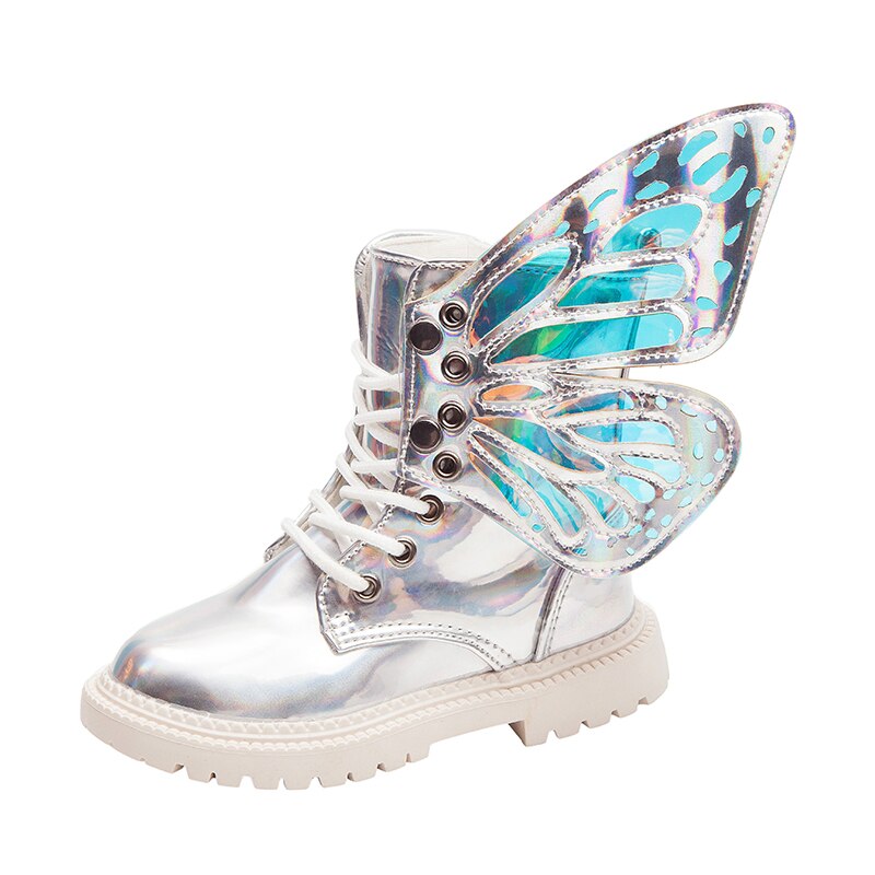 Kids boots for girls PU butterfly removable winter warm baby toddle girl Martin Boots botas niña meisjes laarzen snow boot: Silver / 29 inner 17.7cm