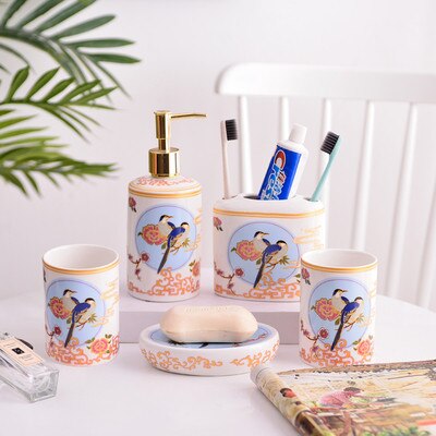 Set de accesorios de baño, dispensador de jabón de cerámica, soporte para cepillo de dientes y taza de gárgaras, platos de jabón, Lavatorio de flores y pájaros, juego de 5/6 piezas