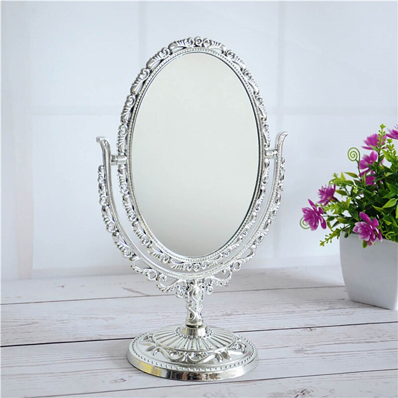 2 Color European Style Desktop Two Sided Oval Archaistic Swivel Makeup Cosmetic Mirror: Silver