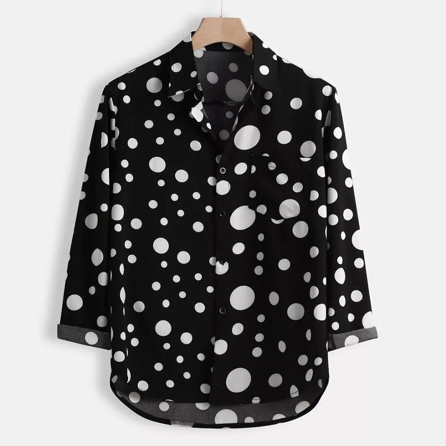 Men's Polka Dot Printed Long Sleeve V neck Slim Fit Trainning Shirt Sport Single Breasted Tops Black White Top M-3XL: XXL