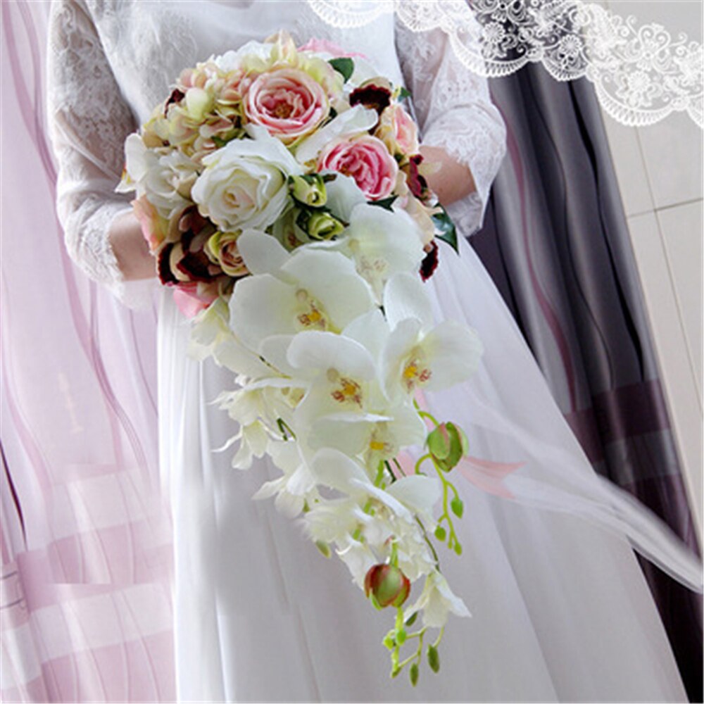Ramos De boda De cascada, flores artificiales, perlas, cristal azul y blanco,