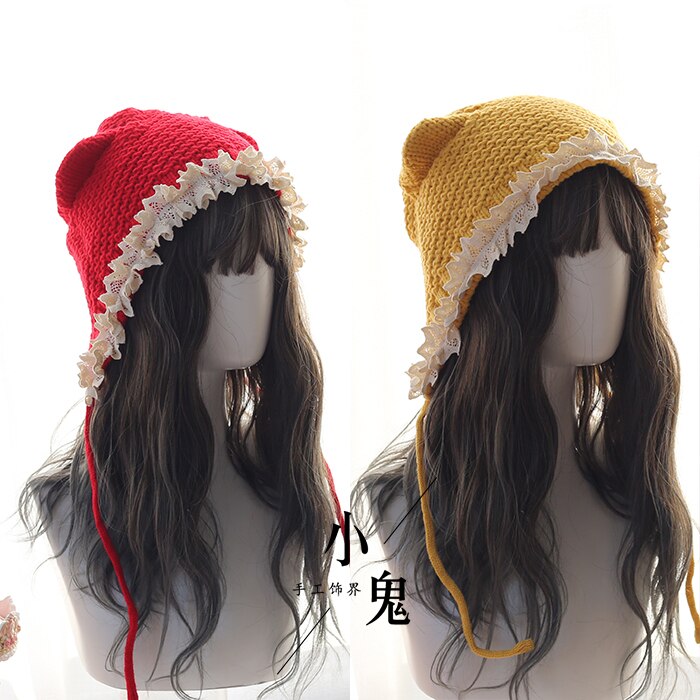 Lindo gato japonés orejas Lolita suave hermana gorro lana gorro niñas Otoño Invierno Kawaii sombrero de encaje atado cálido sombrero hecho a mano tocado