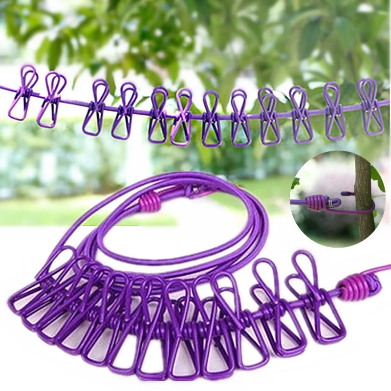 Portable Clothing Clothesline with 12 Clips Retractable Laundry Dryer Clothes Rope Drying Rack Cloth Hanging Line for Outdoor