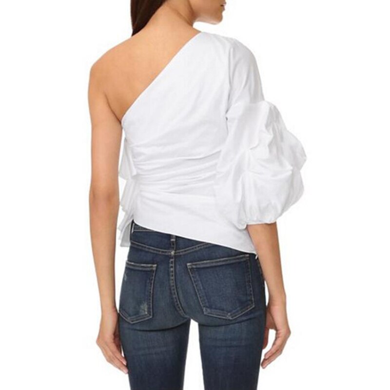 Bella Philosophy spring women three quarter sleeve blusas solid ladies ruffles shirt skew collar female puff sleeve blouse