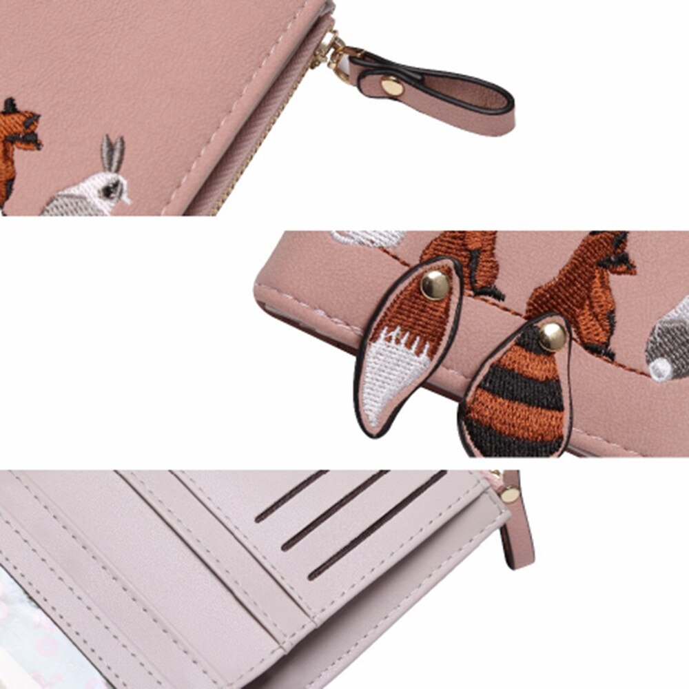 Damesportemonnee met schattige cartoondieren, kort leren damesportemonnee met rits, kaarthouder voor meisjes