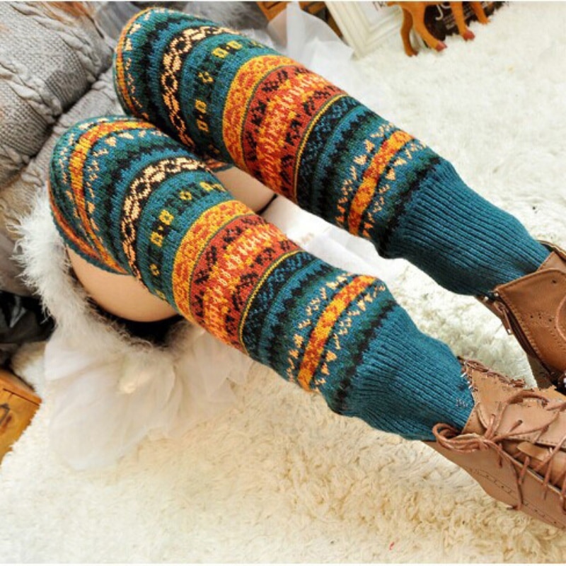 Vrouwen Winter Over Knie Lange Knit Cover Patchwork Kleurrijke Dames Gehaakte Vintage Beenwarmers Legging Chic Y2