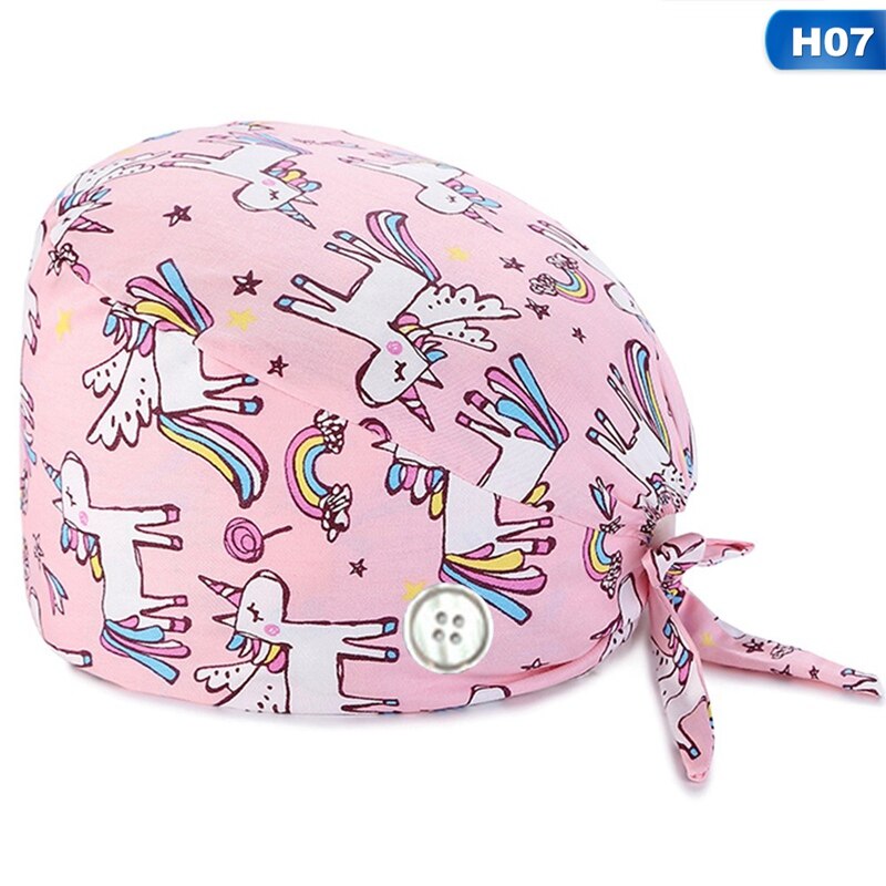 Flower Scrub Cap Pattern Nursing Work Hat Veterinarian Women Men Cotton Tie Back Washable SPA Beautician Chef Skull Cap: 7