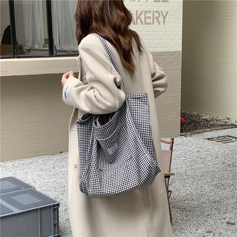 Koreaanse Stijl Grote Tote Tas Vrouwen Houndstooth Wollen Schoudertas Dames Handtassen Student Grote Boek Shopper Bag Bolsa mujer: White