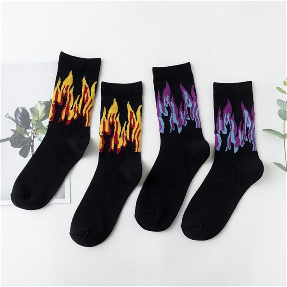 Men Sock Hip Hop Color On Fire Crew Socks Red Flame Blaze Power Torch Warmth Streetwear Skateboard Cotton Socks