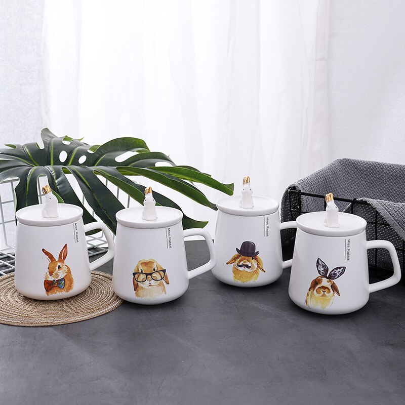 450ml cartoon konijnen keramische mok met deksel lepel handbeschilderde koffiemok melkbeker voor student jongen meisje