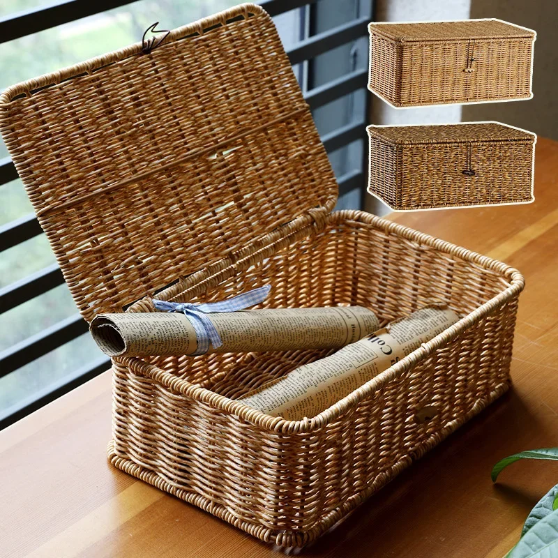 Large Storage Basket Rattan Woven Storage Box with Lid Stackable Sundries Basket Storage Organizer Toy Container Orgainzation