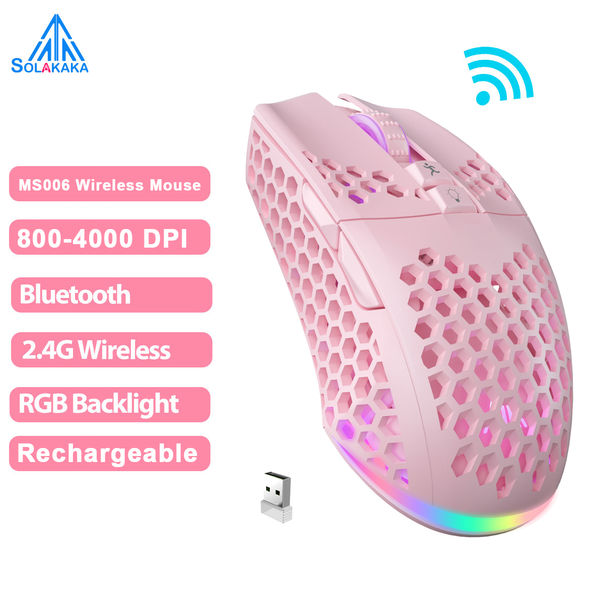 SOLAKAKA SM600 Bluetooth 5.0 Wireless Mouse 2.4G DPI 3200 Gaming Mouse RGB Mouse for Laptop Office Gaming Desktop: Pink