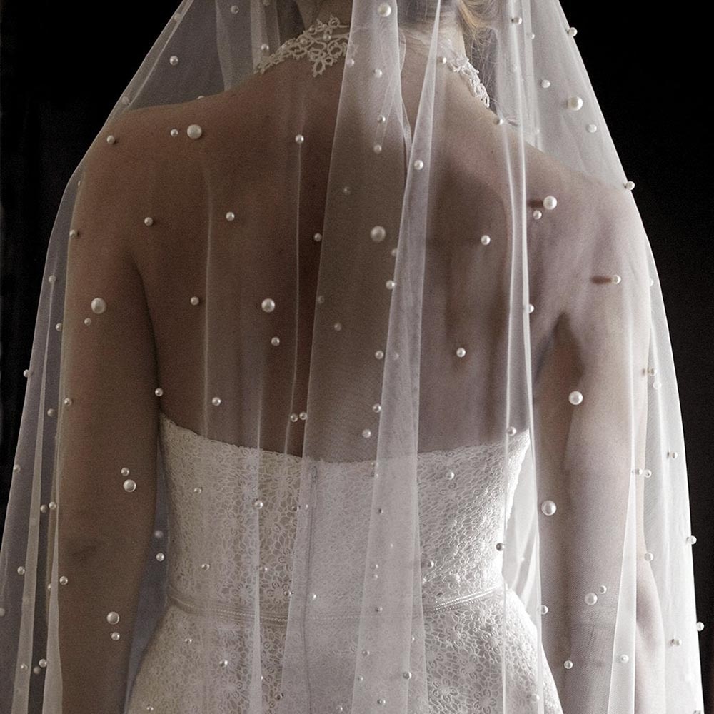 Parels Wit Ivoor Lange Bridal Veil Met Kam Een Laag Kathedraal Bruiloft Sluier Met Parels Velos De Noiva Crystal Kralen 3Meter