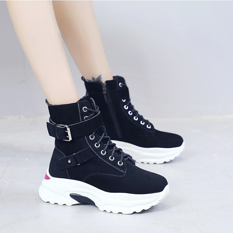 Grande taille en peluche bottes d'hiver grosses baskets bottines femmes chaussures femme à lacets fermeture éclair boucle épaisse semelle plate-forme chaussures: Black / 5