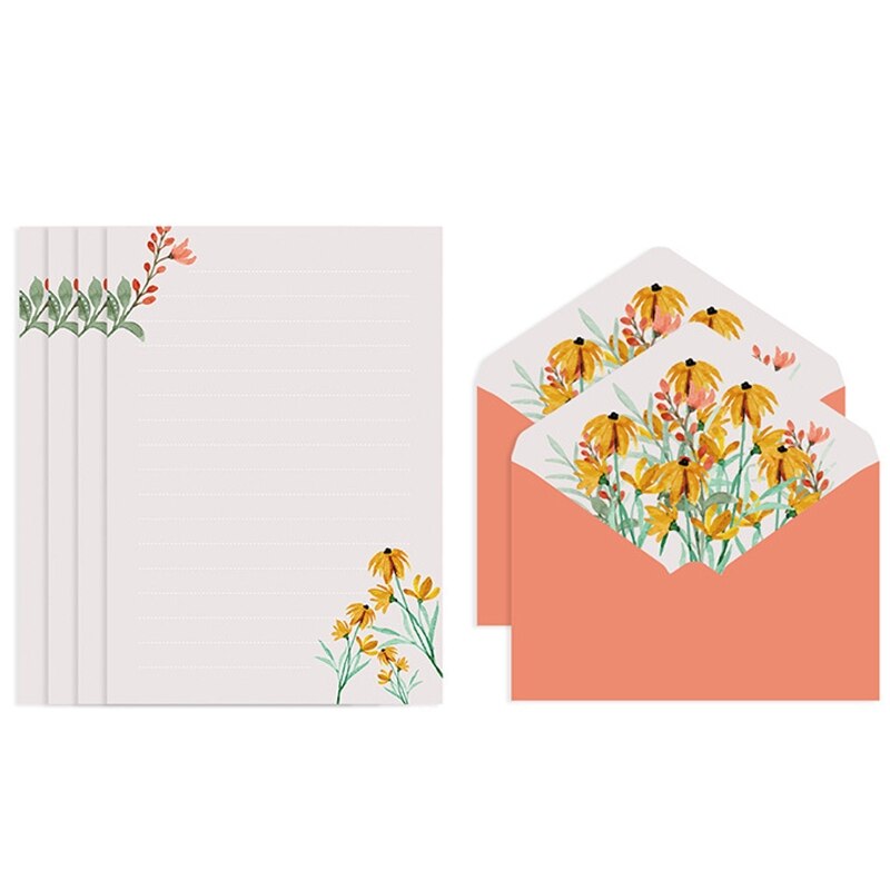 Letter Paper Stationery Kit Flower Envelope Set with 4 Letter Papers Ideal for Wedding Party Invitation Greeting Letters: Yellow sunflower