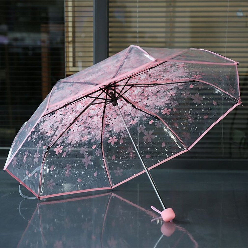 Kompakt folding kirsebær paraply gjennomsiktig klar paraply tre folding 8 ribbe vindtette paraplyer kvinner regn paraply nyeste