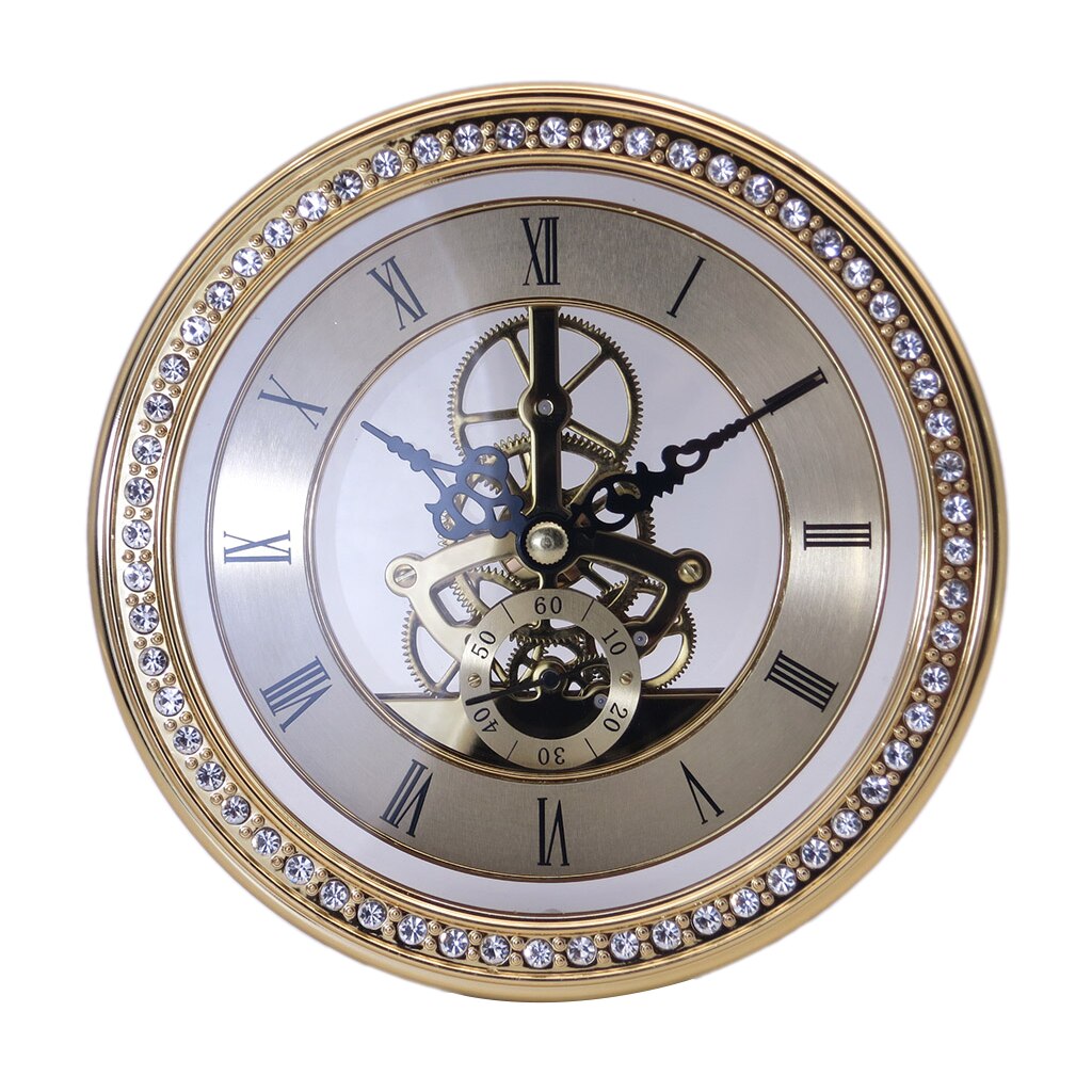 Round Quartz Clock Movement Insert Roman Numeral White Face Skeleton Gear: Golden