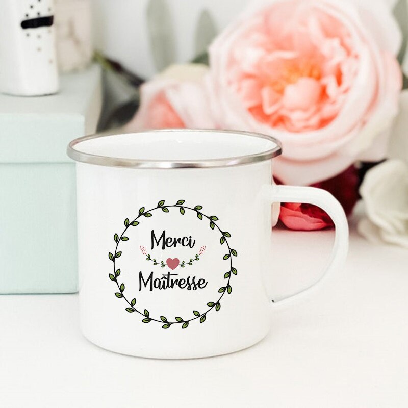 Tasses à café et thé à imprimé de fleurs françaises, créatives, pour boissons, eau et lait, en émail, poignée d&#39;école, maison, verres, pour enseignants