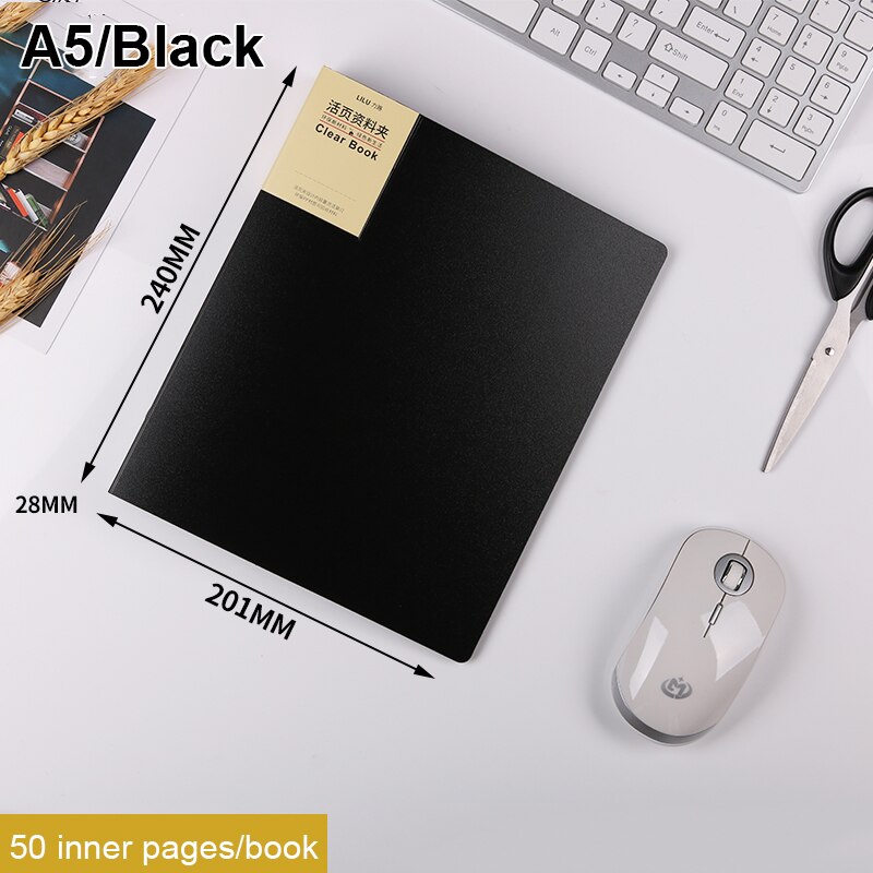 Loose Leaf Folder A3/A4/B5/A5 Transparent Detachable Folder Inner Core Document Bag Picture Storage Collection Book: A5 Black 20 holes