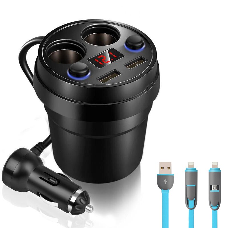 Usb Splitter Voor Auto Splitter Sigarettenaansteker In Een Auto-oplader Bekerhouder 2USB Poorten Led Dsiplay: With 2 in 1