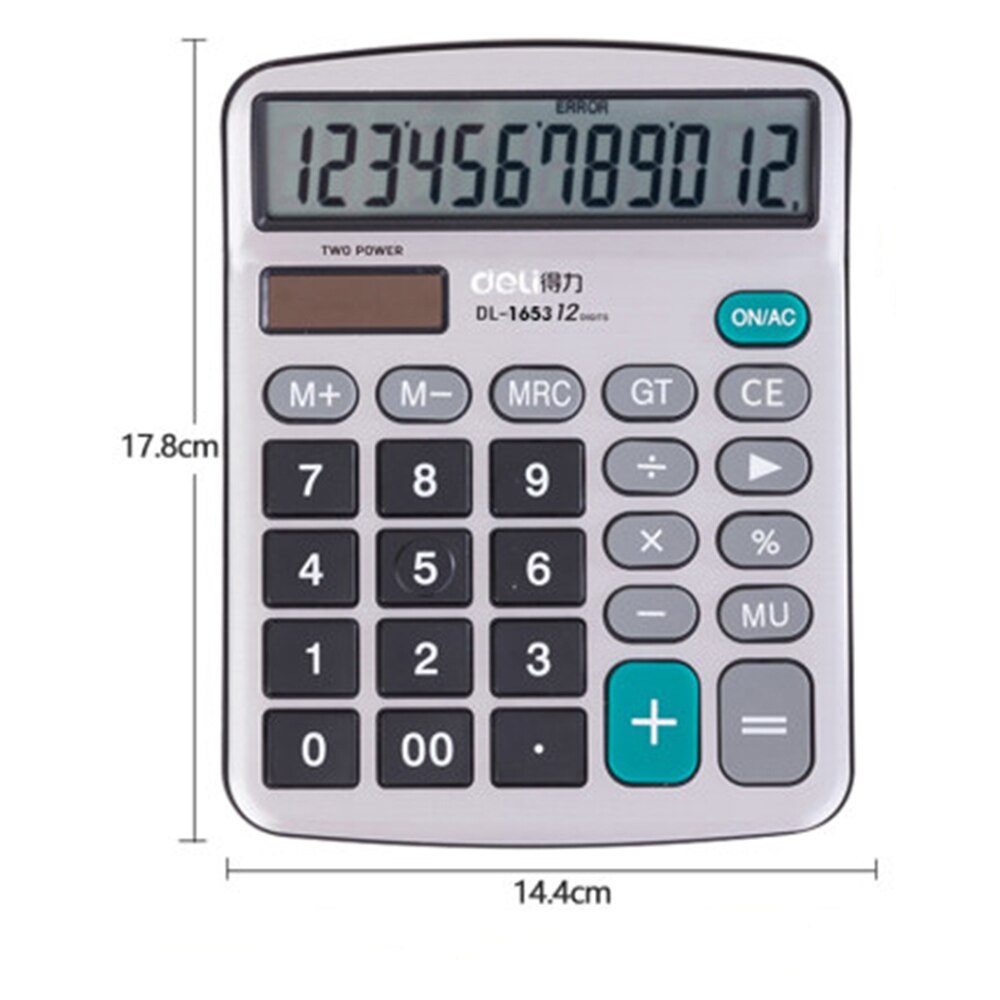 Deli Calculator 12 Digits Display Dual Power Supply Portable Desktop Calculator For Office School Business Accounting Tool Use: 1653 metal L size