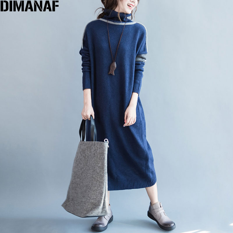 Vestido de talla grande para mujer, de algodón, liso, jerséis, informal, de cuello alto, tejido a la , azul, cálido, para invierno