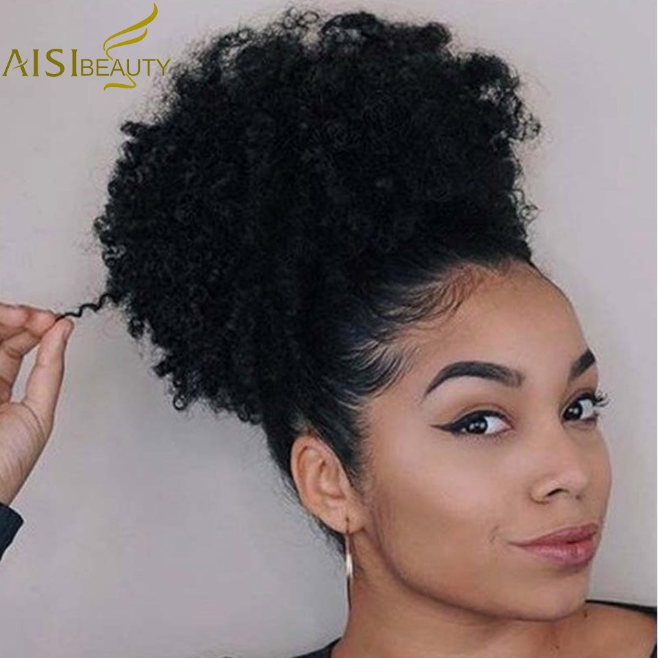 AISIBEAUTY Afro Short Kinky Curly Chignon Hair Extensions Synthetic Puff African American Afro Bun Wrap Drawstring Hairpiece