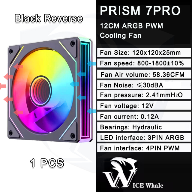 ICE Whale PRISM 7PRO 120mm ARGB Case Fan 1800RPM 4PIN PWM Ventilador de resfriamento silencioso de grande volume de ar