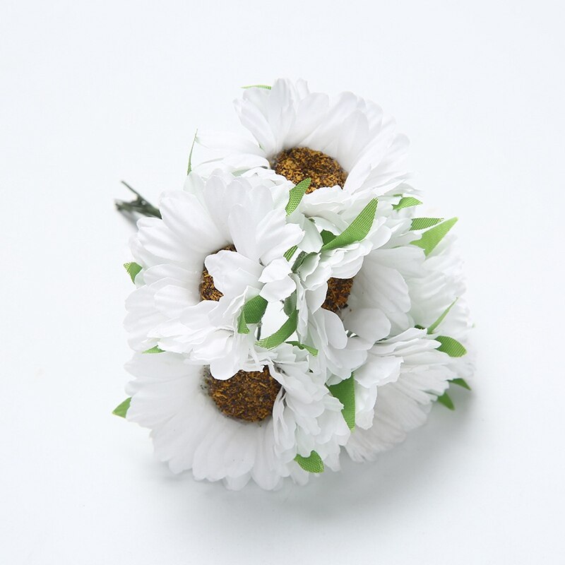 6 stk/parti 5cm kunstig blomst silke gerbera solsikkebukett til bryllup hjemme hage vase dekorasjon diy krans utklippsbok: Hvit / 1 gjeng