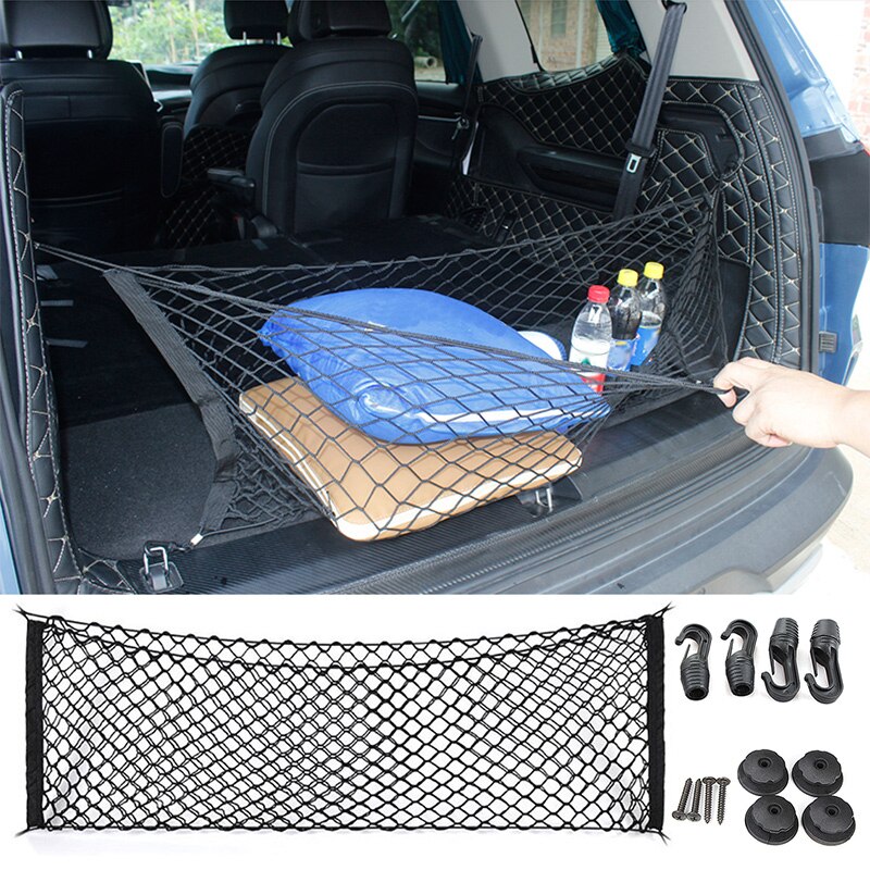 Universal bil bagagerum bagagerum opbevaring organisator nylon elastisk meshnet med 4 plast kroge bil tilbehør: Stand netto (2 lag)