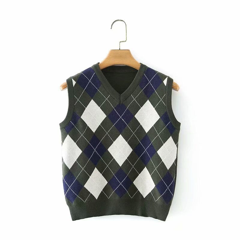 Kvinder strikket tartan tank sweater ærmeløs grøn hvid patchwork pull femme plaid v hals trøjer: Default Title