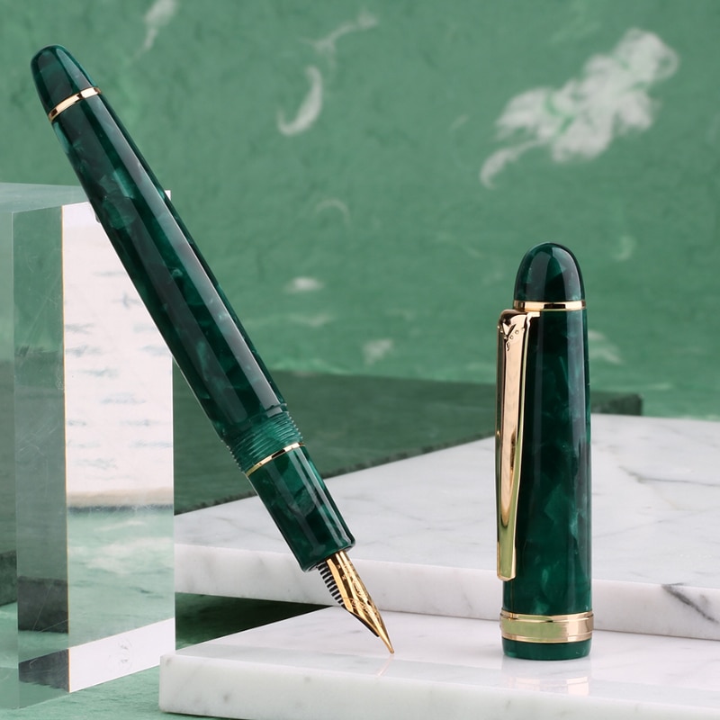 MAJOHN S3 Acrylic Resin Fountain Pen Green Iridium Extra Fine / Fine Nib 0.38 / 0.5mm Writing Ink Pen Gold Trim Office