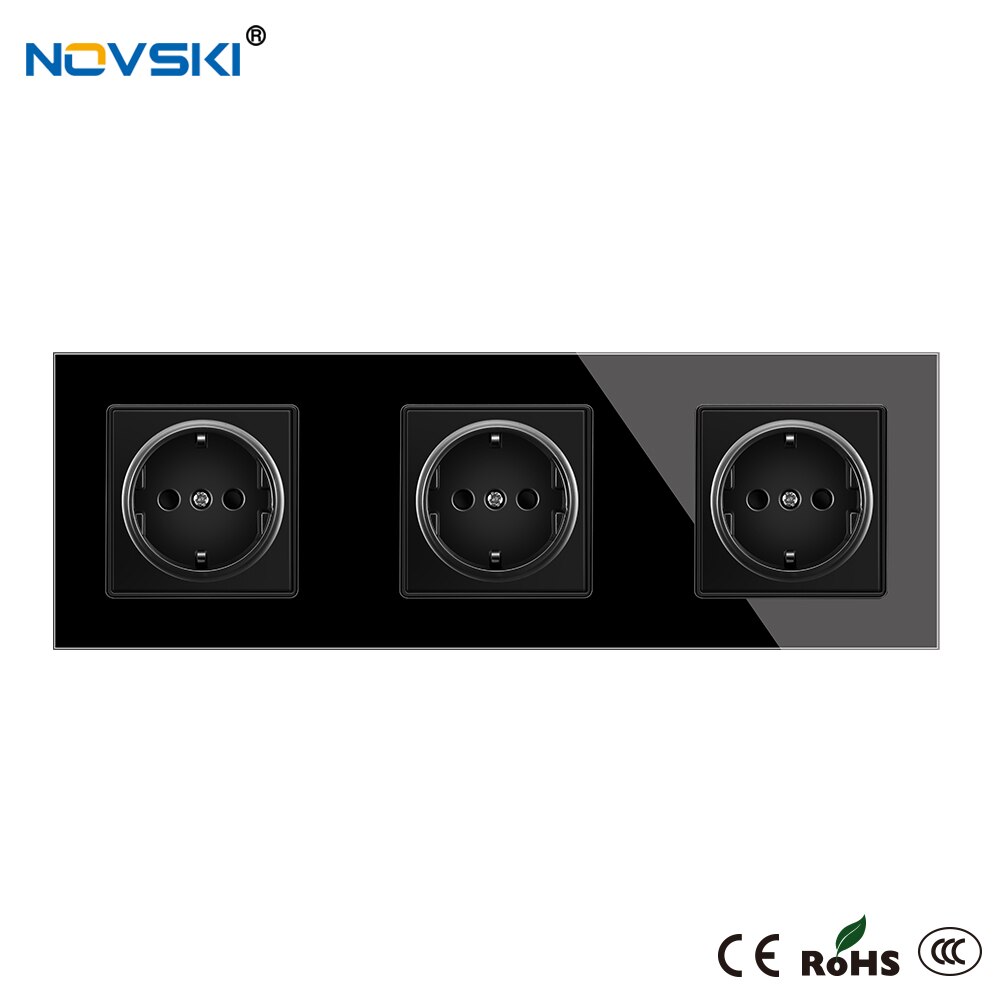 EU Wall Crystal Glass Black Panel Power Socket Triple German Plug Grounded, 16A Quadruple Electrical Socket, 15 Years Warranty: Triple Outlets