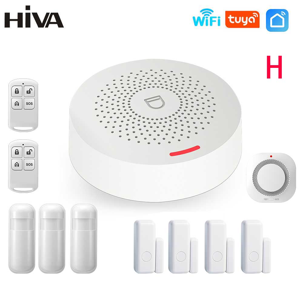 HIVA Tuya Smart Home Wifi Alarm System for House Business Garage Warehouse Wireless Safety Security Alarm work with Alexa: H / EU plug
