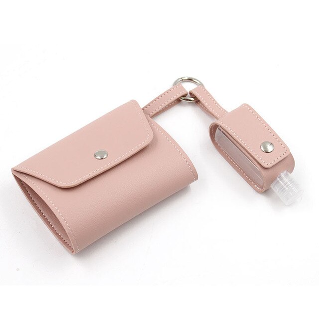 Wallet Mask storage folder Foldable mask temporary storage folder Key hanging buckle wallet Hand sanitizer leather cover set: Pink