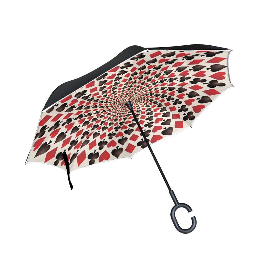 Traje de cartas de póker , Asa de gancho en C, plegable inverso, doble capa, a prueba de viento, sol y lluvia paraguas para, caña de coche de pesca: Blanco