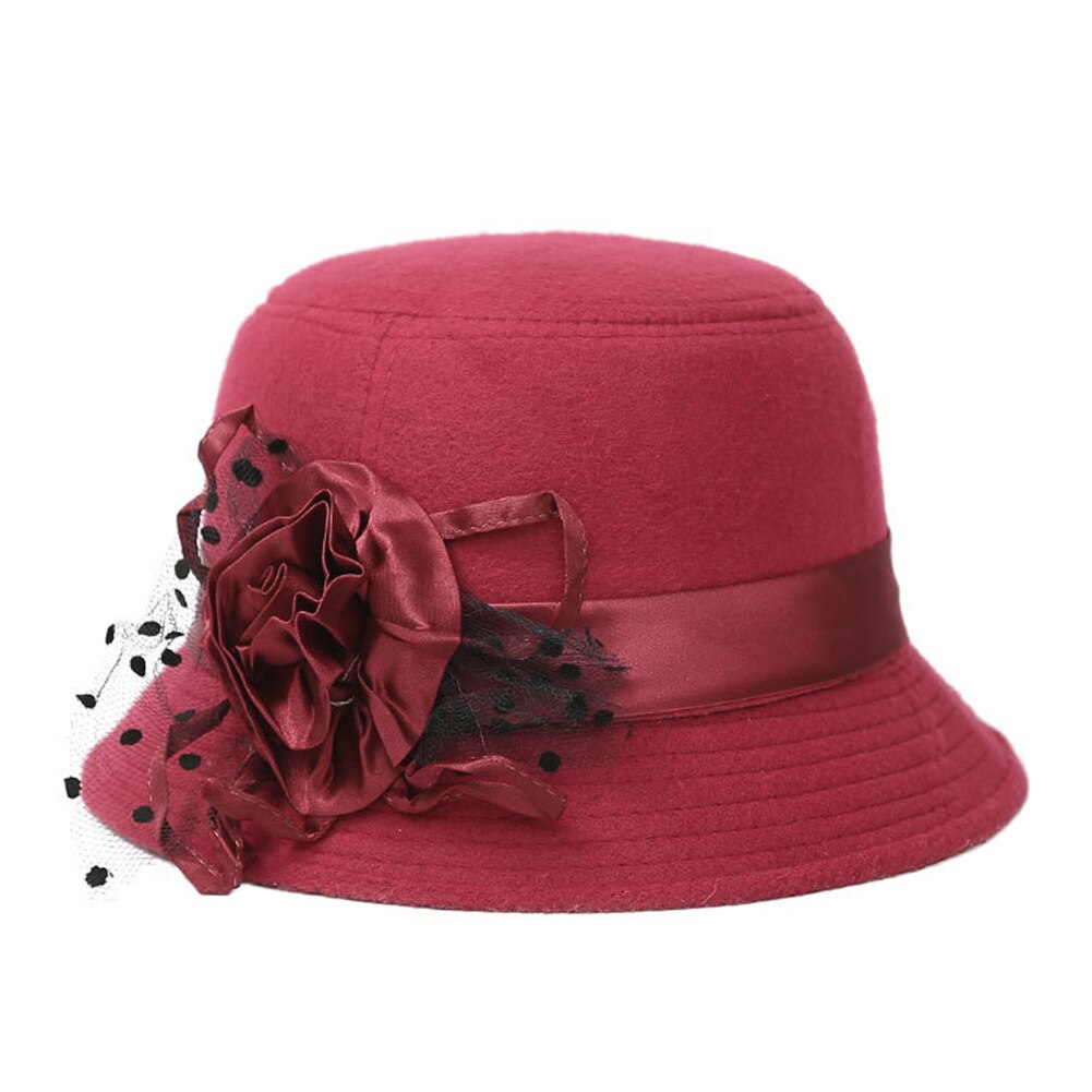 Sombrero Fedora Vintage de lana de imitación para mujer, gorra de cubo cálida, , con lazo, dg88: dark red