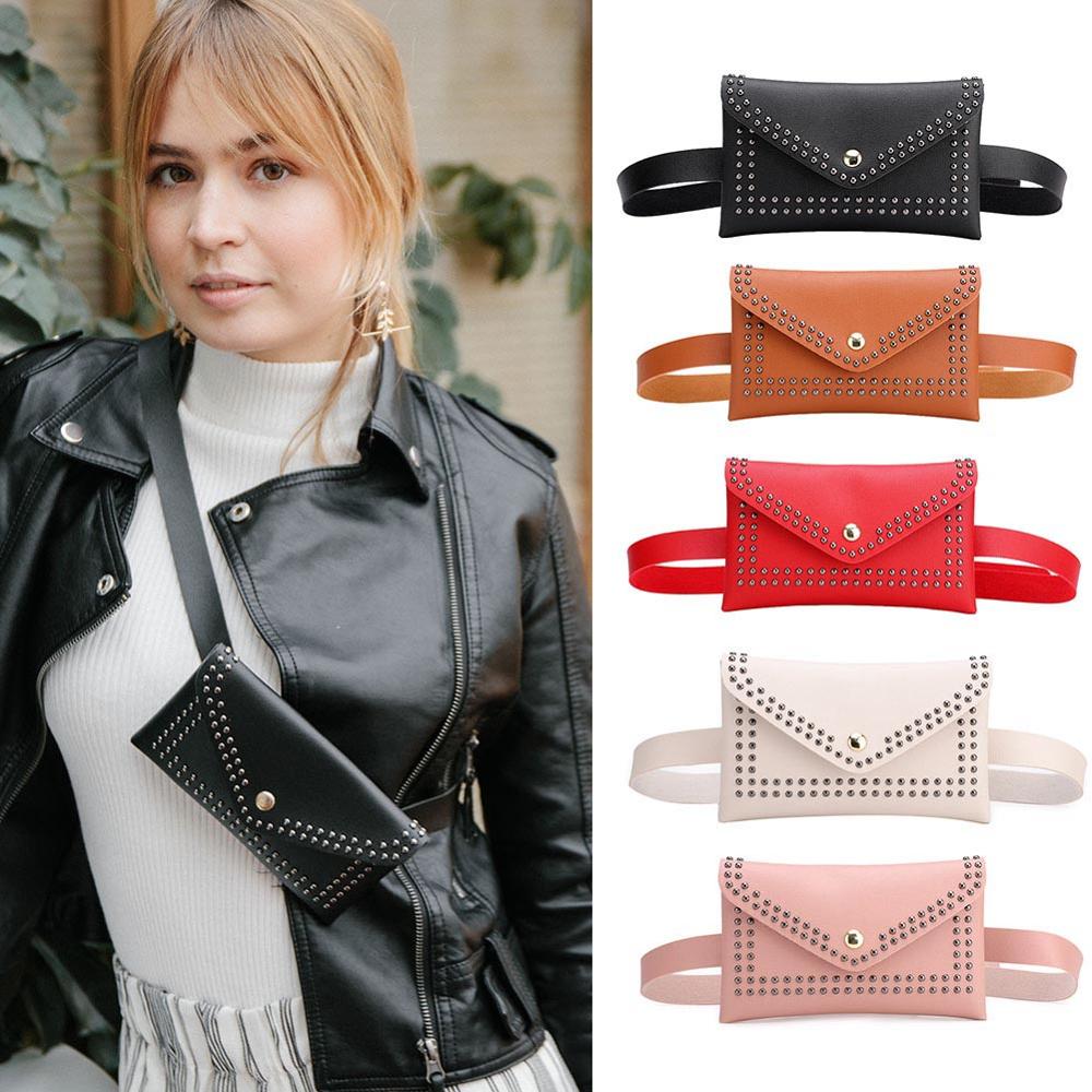 Punk Einfarbig Niet Schulter Taille Taschen Weibliche Mädchen Fanny Gürtel Packs Frauen PU Leder Crossbody Casual Messenger Brust Taschen