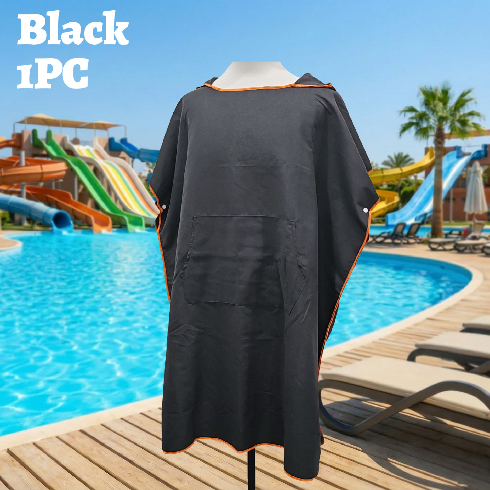 Grijze snel drogende strandponcho, lichtgewicht oversized badjas met zakken, surfhanddoek, omslagdoek, zonnedeken: zwart