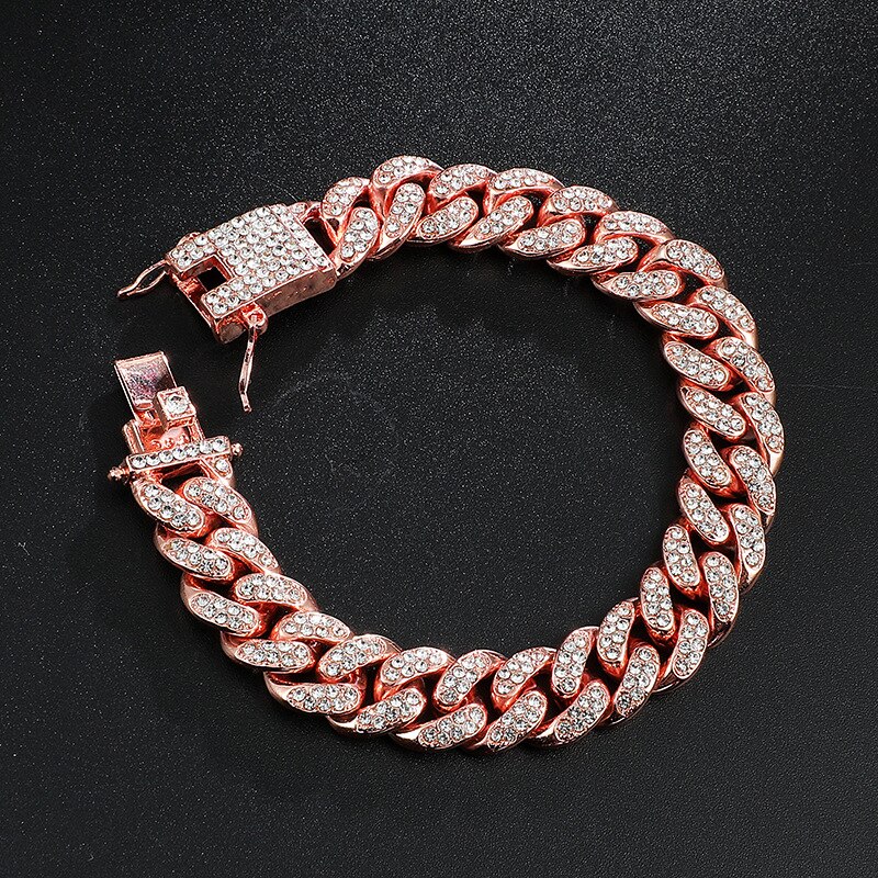 Alta qualidade 51g hip hop completo aaa pedra bling gelo para fora pavimentar pulseira masculina miami cubana link chain pulseiras para jóias masculinas: rose gold / 22cm