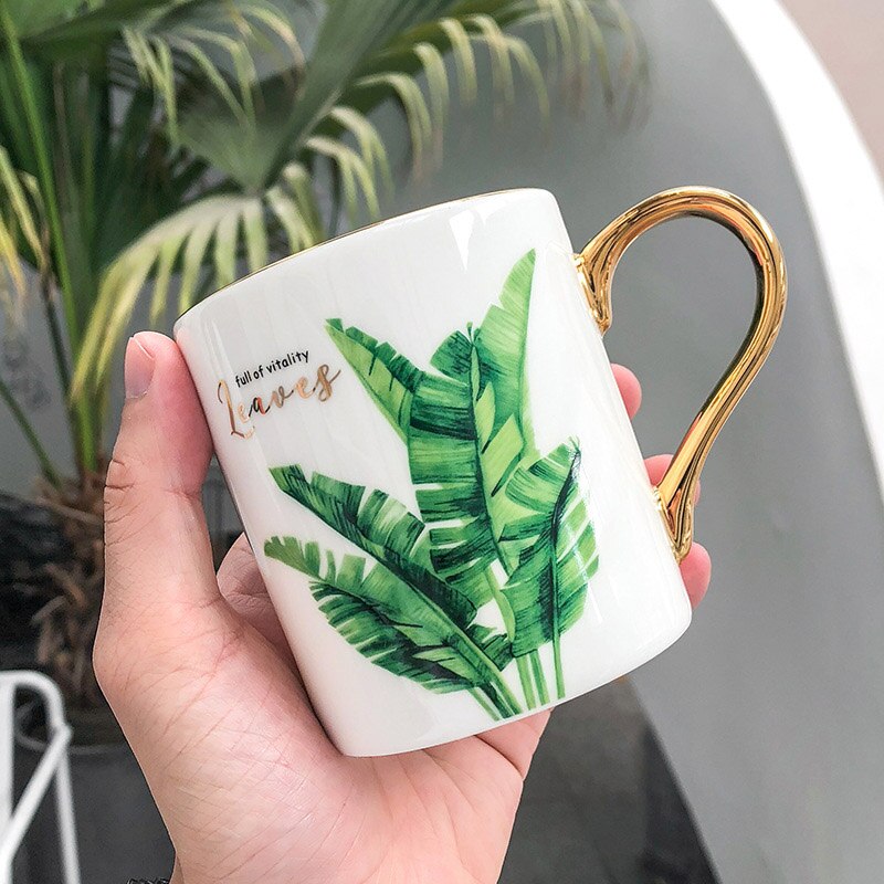 Gullhåndtak keramisk krus, personlighet tropisk plante mønster kaffekopp kontor virksomhet te krus drinkware krus: 04