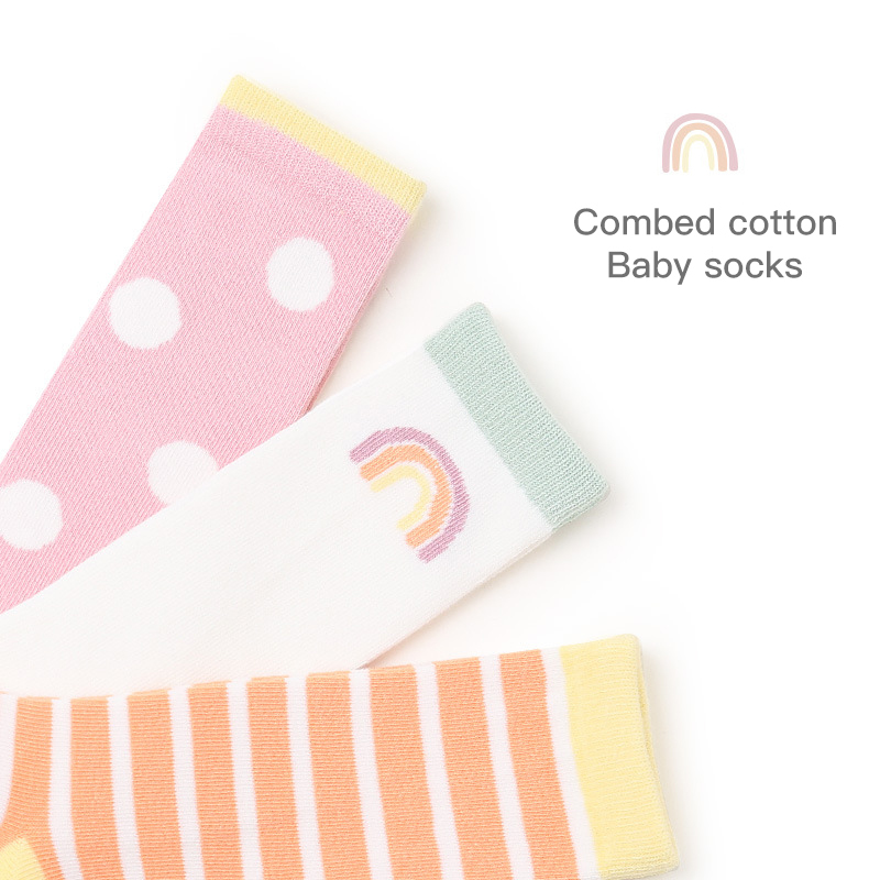 3 Pairs 0-5Y Baby Socks Soft Combed Cotton Polka Dot Newborn Knee High Long Socks Rainbow Color Tube Socks Boutique Boxed