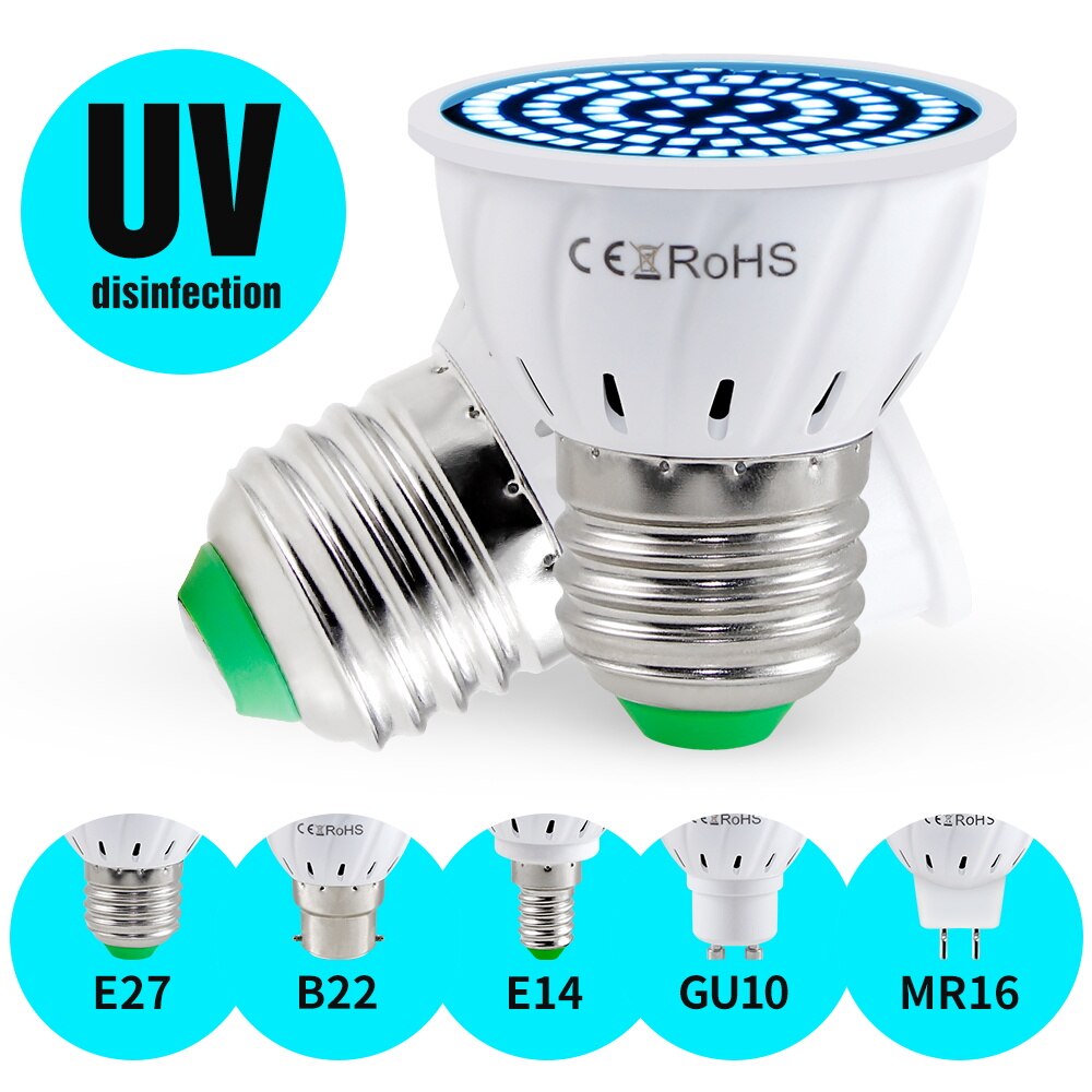 E27 UV Germicidal Lamp Bulb MR16 UVC Light Sterilization Lamp GU10 Virus Disinfection Light E14 Ultraviolet LED Lamp 220V B22