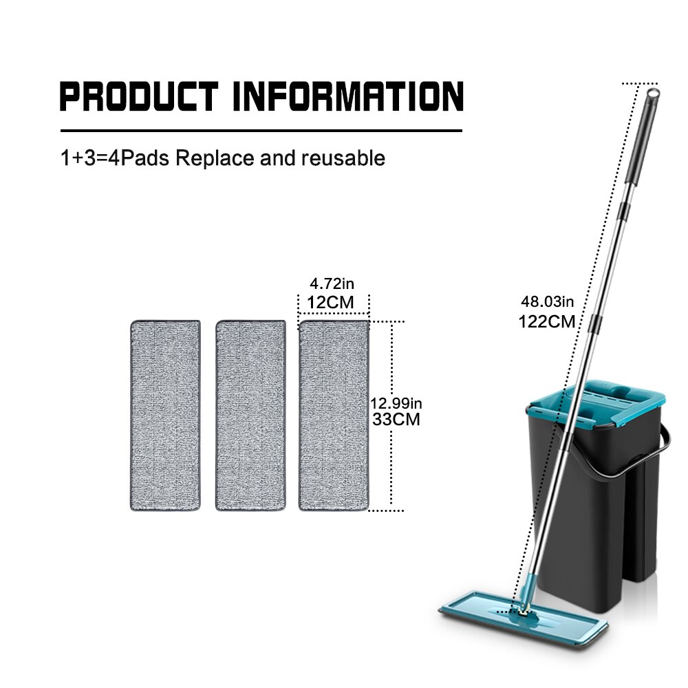 Hands Free Squeeze Mop with Bucket Home Kitchen Floor Mop 360 Rotating Flat Mop Lazy Mops Household Cleaning Tool: black 4 rags