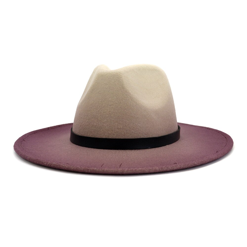 Fs kvinder fedora hat bred rand uldhuer til mænd følte gradient farve jazz panama hatte kirke vintage cowboy trilby hatte: Lilla