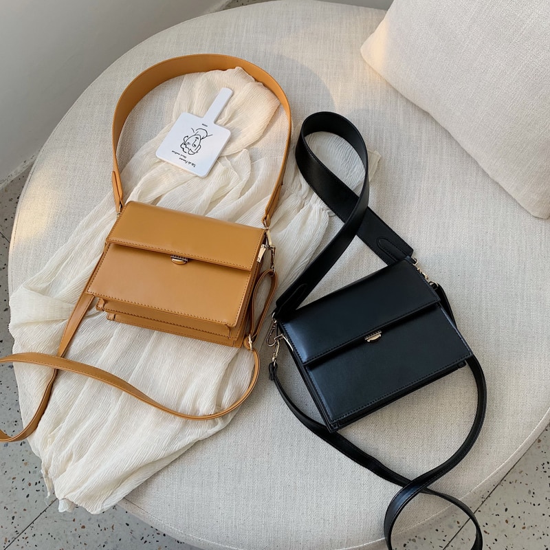 Rétro décontracté rabat carré sac nouvelle en cuir PU femmes concepteur sac à main large bandoulière sacs à bandoulière