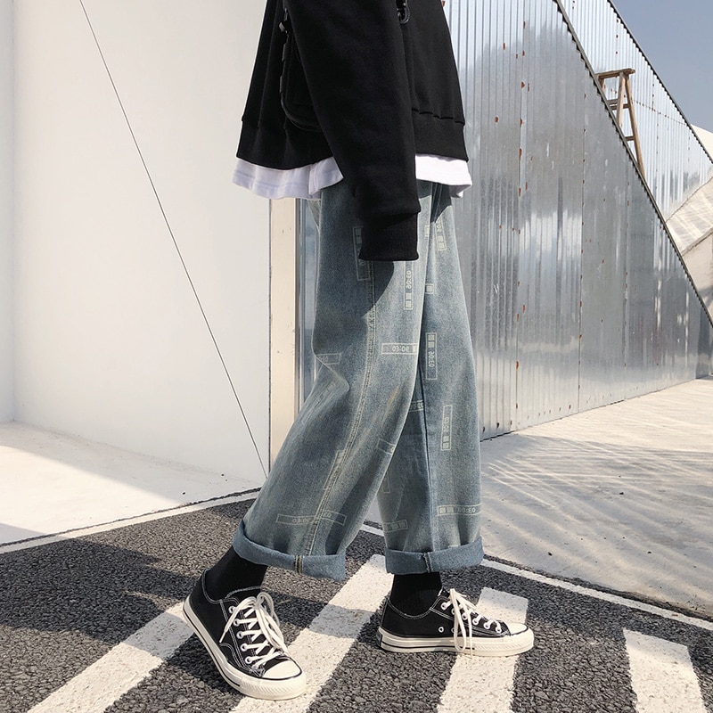 Farkut miehet digitaaliset harajuku siniset farkut siniset haaremihousut miesten japanilaiset katuvaatteet hip hop denim miesten löysät leveät housut