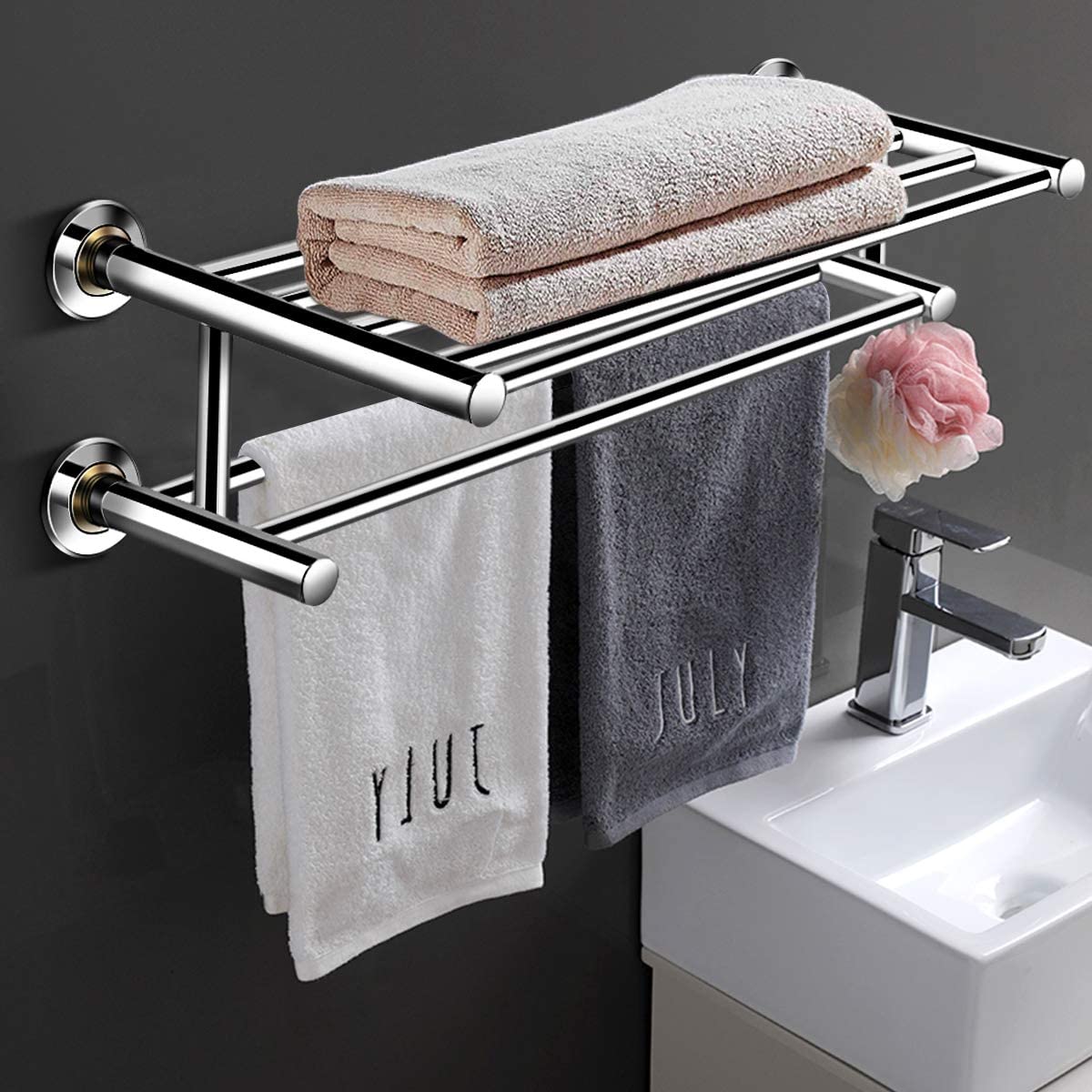 Toallero plegable de acero inoxidable para baño, estante de toalla montado en la pared de dos niveles, 60cm, 304