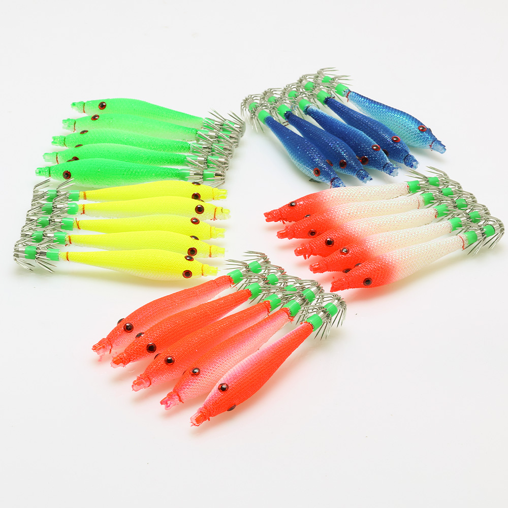 Señuelos de pesca fluorescentes, 5 uds., 6cm, 7cm, 9cm, 11cm, anzuelo de calamar, plantillas de sepia, cebo, camarones de madera, aparejos de pesca de mar ﻿
